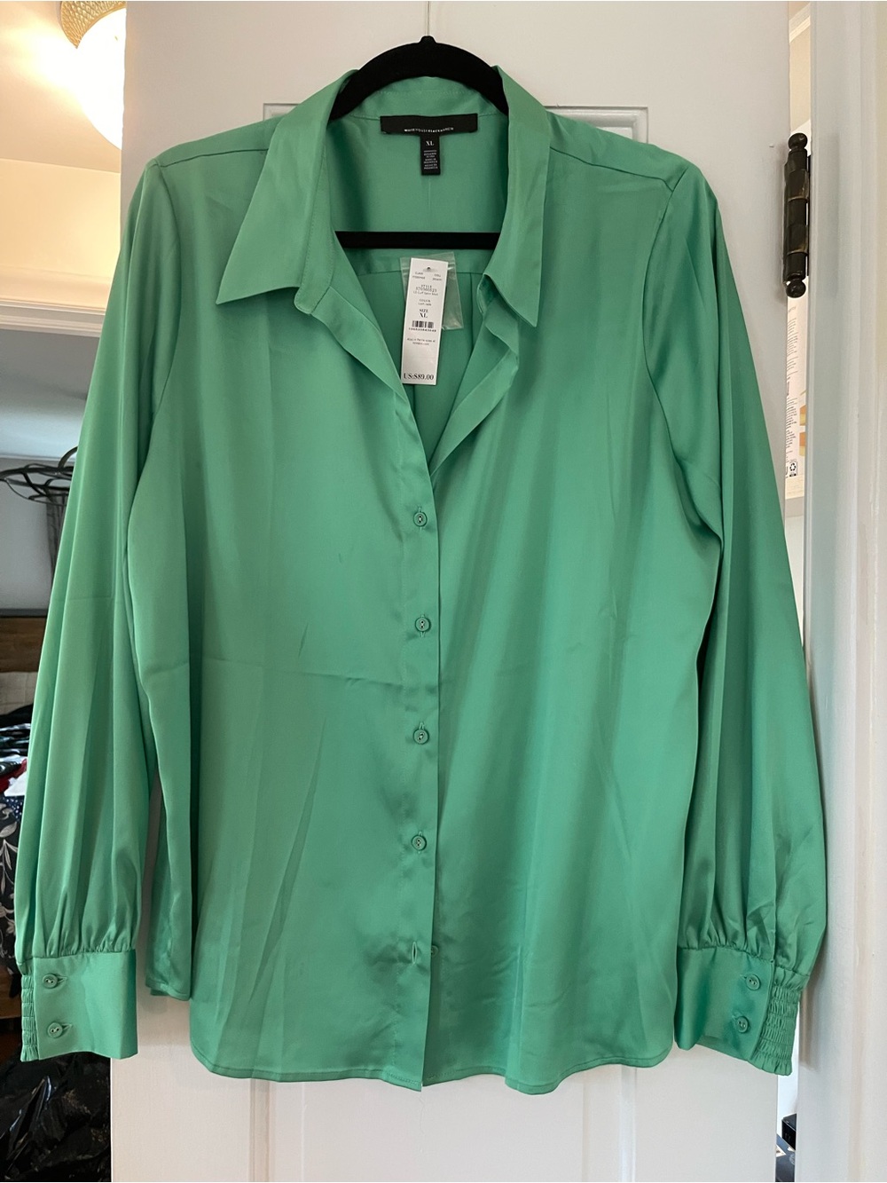 White House Black Market Green Satin Button-Down Blouse
